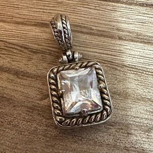 Silver Tone Scrolled Square Crystal Pendant‎ Necklace Charm Marked MX